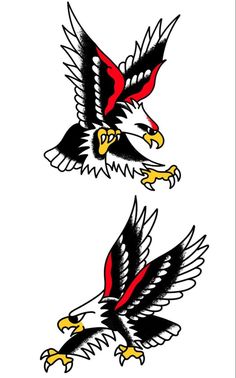 two eagle tattoos with red, white and black colors on them are shown in the shape of an eagle