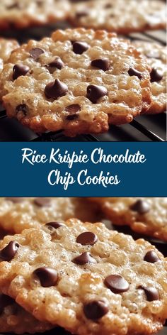 rice krispie chocolate chip cookies are cooling on the rack with text overlay that reads rice krispie chocolate chip cookies