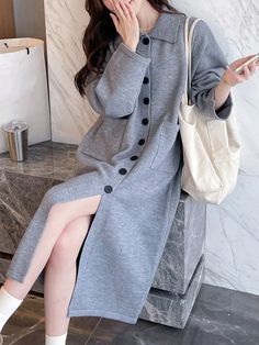 Gris Casual Collar manga larga Lana Peinada Liso,A rayas  Embellished Elástico Ligero Otoño,Primavera,Invierno Cardigan Casual, Slim Fit Top, Elegant Dresses Long, Women Midi, Fancy Outfits, Kids Sleepwear, Womens Midi Dresses, Knitwear Women, Winter Women