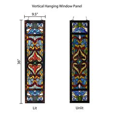 the measurements for an ornate stained glass window panel, with different colors and designs on it