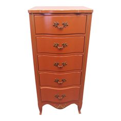 an orange dresser with four drawers on it