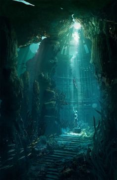 an underwater cave with stairs leading into the water and light coming from it's ceiling