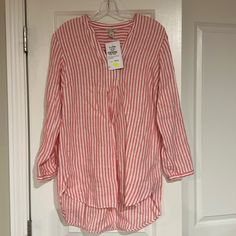 Brand New With Tags! Salmon Colored Strips Red Relaxed Fit Beach Blouse, Red Relaxed Fit Blouse For Beach, Casual Red Tops For Daywear, Casual Red Blouse For Beach, Red Tops For Spring Daywear, Flannel Tunic, Ll Bean Women, Linen Tunic Tops, White Tunic