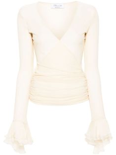 beige stretch-design semi-sheer construction gathered detailing draped design decorative wrap design V-neck long sleeves ruffle cuffs with silk panelling curved hem Dramatic Earrings, Designer Pieces, Versace Outfit, Designer Drapes, City Dress, Jonathan Adler, Summer Beach Wear, Van Cleef Arpels, Ballet Flat Shoes