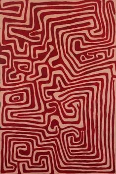 a red and white painting with lines on it's surface, in the shape of a maze