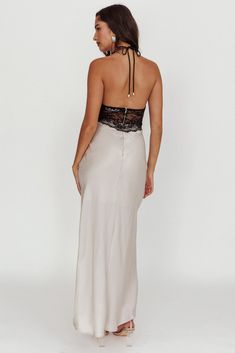 Halterneck maxi dress Backless Mermaid silhouette Deep V-neck Lining Invisible back zipper Make an entrance in our pretty Rarity satin maxi dress. Featuring a deep V-neck and lace overlay, this dress exudes contemporary chic and sophistication. It's the perfect dress for special occassion or a romantic night out. Adorn yourself with your favourite jewellery and heels to elevate your look to the next level. MODEL INFO Model is wearing size XS Height: 5'8" Bust: 31.0" Waist: 24.0" Hips: 35.0" CARE Maxi Dress Backless, Yellow Bridesmaid Dresses, Dress Champagne, Purple Bridesmaids, Dress Backless, Romantic Night, Contemporary Chic, Mermaid Silhouette, Lace Bodycon Dress