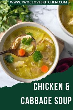 two bowls filled with chicken and cabbage soup