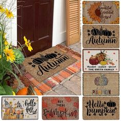 the front door mat is decorated with pumpkins and autumn words