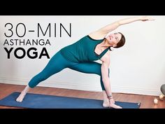 a woman doing yoga poses in front of a wall with the words 30 - min ashtanga yoga