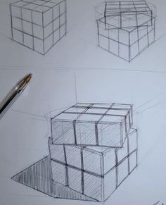 sketches of boxes and pencils on paper