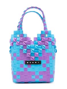 blue/violet purple interwoven design bucket body logo patch to the front silver-tone stud detailing open top two top handles main compartment Body Logo, Basket Woven, Moschino Kids, Baby Boy Accessories, Gucci Kids, Dolce And Gabbana Kids, Woven Tote Bag, Violet Purple, Kids Jordans