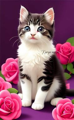 a black and white kitten sitting in front of pink roses on a purple background with blue eyes