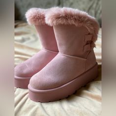 Fashion Nova Pink Faux Fur Platform Boots With Accent, Crystal Sparkly Ties Size 8 Never Worn. #Winterboots #Pinkfurboots #Furuggs #Platformuggs #Pinkboots Trendy Pink Winter Boots, Pink Round Toe Boots For Winter, Winter Faux Fur Platform Boots With Round Toe, Trendy Faux Fur Boots With Round Toe, Casual Fluffy Boots With Round Toe, Cute Pink Boots For Fall, Fur Platform Boots, Fur Uggs, Pink Fur Boots