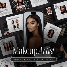 makeup artist postcards and matching stories with photoshopped women's faces on them