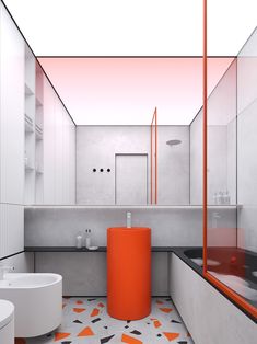 a modern bathroom with orange accents and white fixtures