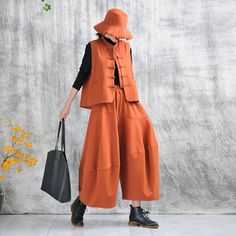 Comfortable, One of Kind. Wide Leg online shop,|Street|Wool Blend|Solid Color|Ninth Pants/Skirts|Elastic|Loose|Female|Reddish Orange|M|L|XL|Spring/Fall|Hand Wash Versatile Harem Pants For Fall, Fall Workwear Wide-leg Harem Pants, Fall Wide-leg Harem Pants For Work, High Waist Harem Pants For Fall Workwear, Non-stretch Harem Pants For Fall Workwear, Orange Wide Leg Pants With Pockets For Fall, Versatile Fall Workwear Culottes, Casual Fall Culottes, Casual Straight Culottes For Fall