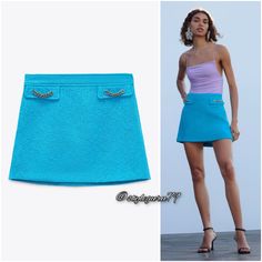 High Waisted Mini Skirt. Faux Flap Pockets At The Front. Metal Chain Trim. Hidden Inseam Side Zipper. Gorgeous Blue Color!! A Bloggers Favorite! Trendy Blue Mini Skirt By Zara, Zara Blue Lined Mini Skirt, Elegant Blue Zara Skirt, Turquoise Skirt, Leather A Line Skirt, High Waisted Mini Skirt, Faux Leather Midi Skirt, Vegan Leather Skirt, Check Skirt