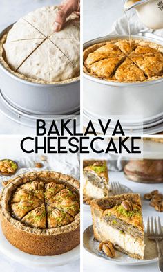 there is a collage of photos showing different types of cheesecakes and pies