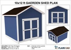 the plans for a garden shed are shown in blue and white, with brown roof