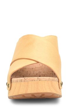 This organically-inspired sandal with metal rivets and a woodgrain platform sits on a block heel, grippy sole and cushioned footbed. 2 1/2" heel; 1" platform Cushioned insole Cork insole molds to your foot for excellent support and comfort Leather upper and lining/rubber sole Imported Women's Shoes Yellow Leather, Sandal Women, Rivets, Women Style, Slide Sandals, Block Heels, Womens Sandals, Leather Upper, Size 7