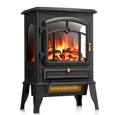 a black stove with flames in it on a white background and gold trimmings