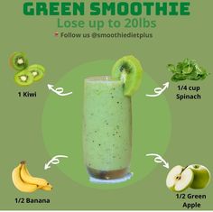 a green smoothie with kiwi, banana, and spinach in the middle