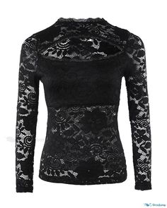 OrcaJump - Elegant Crochet Lace Cutout Long Sleeve Blouse Fall Crochet Lace Stretch Tops, Fitted Crochet Top For Fall Party, Fitted Long Sleeve Crochet Party Top, Fitted Long Sleeve Crochet Top For Party, Fitted Lace Winter Top, Fitted Crochet Lace Top For Winter, Black Long Sleeve Crochet Lace Top, Fitted Black Top With Crochet Lace, Black Fitted Crochet Lace Top