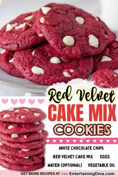 Red Velvet Cake Mix Cookies | Valentine Day Food Red Velvet Cake Cookies, Easy Cake Mix Cookies, Easy Red Velvet Cake, Red Velvet Cake Mix Cookies, Cookies With White Chocolate Chips, Red Velvet Cookie Recipe, Red Velvet Bundt Cake, Easy Red Velvet, Velvet Cookies