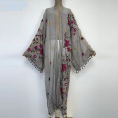 Fall Embroidered Cotton Kimono, Embroidered Cotton Kimono For Fall, Summer Cotton Cardigan With Floral Embroidery, Summer Embroidered Kimono, Summer Embroidered One Size Kimono, Casual Embroidered Fall Kimono, Embroidered One-size Summer Kimono, Embroidered Open Front Cardigan, Long Embroidered Cotton Kimono