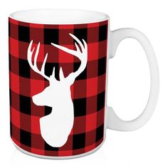 a red and black plaid mug with a deer's head in the center on it