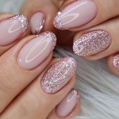 Short Nails Ideas Oval, Nail Designs Oval Shape, Sparkly Valentines Nails, Short Nail Inspiration Winter, Pink Glitter French Manicure, Short Glitter French Tip Nails, Glitter Valentines Nails, Short Oval Nails Designs, Pink Glitter Nail Designs