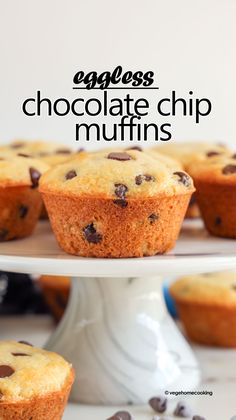 eggless chocolate chip muffins on a cake stand