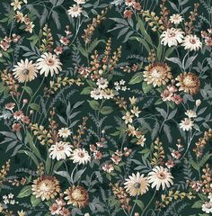 Vintage Floral Peel-and-Stick Wallpaper in Forest Green Green Floral Wallpaper, Floral Peel And Stick Wallpaper, Vintage Floral Wallpapers, White Cottage, Smooth Walls, Burke Decor, Green Wallpaper, Wallpaper Samples, Of Wallpaper