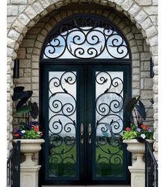 IWD Thermal Break Classy Wrought Iron Double Door CID-012 Beautiful Scroll Work Square Top Clear Glass Low-E with Screens Mediterranean Front Doors, Pintu Ganda, Wrought Iron Entry Doors, Colorful Doors, Wrought Iron Front Door, Decorative Doors, Traditional Front Doors, Iron Front Door, Iron Entry Doors