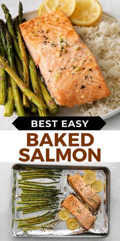 baked salmon and asparagus with lemons on the side