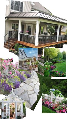 a collage of photos showing different houses and gardens