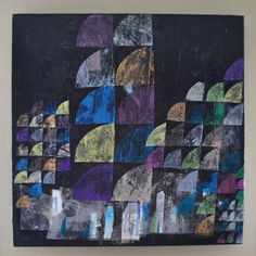 an abstract painting with multiple colors and shapes on black, blue, purple, green, yellow