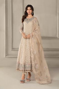 Beige Shade Designer Pakistani Party Dress Maria B Luxury Formal Beige Color Dress, Organza Suits, Wedding Dress Outfit, Maria B, Ladies Clothing, Eid Collection, Outfit Dress, Satin Color, Shalwar Kameez