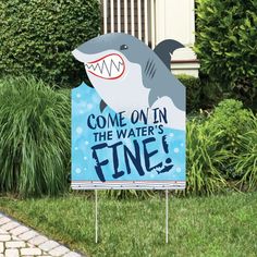 PRICES MAY VARY. Shark Zone Sign Decoration INCLUDES COME ON IN, THE WATER’S FINE! corrugated plastic yard sign and 2 sturdy stakes for displaying. PERFECT FOR ANY LOCATION! Shark Zone Yard Sign SIZE 17 inches wide x 23 inches tall. Vibrant shark yard decor is an easy way to decorate for baby shower or birthday party. Both adults and kids will love this Shark Zone party supplies. Display in front yards of your home or party venue. EASY TO USE: Shark Lawn Decorations are professionally printed an Jawsome Shark, Shark Week Party, Shark Themed Party, Ocean Birthday Party, Shark Themed Birthday Party, Ocean Birthday, Pool Birthday, Shark Birthday Party, Ocean Party