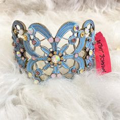 Gorgeous Blue Bejeweled Oversized Betsey Johnson Cuff Bracelet. It Is Cuff Shaped With A Back Closure. Bracelet Y2k, Betsey Johnson Bracelet, Red Stone Necklace, Gold Lipstick, Candy Corn Earrings, Betsey Johnson Necklace, Cocktail Earrings, Handbag Collection, Sparkly Earrings