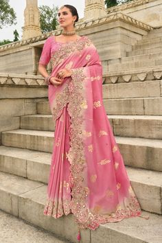 Pink Tissue Silk Embroidered Designer Saree Blush Pink Saree, Saree Wedding Designer, Pink Organza Saree, Saris Indian, Dori Work, Indian Designer Sarees, Beautiful Wedding Photography, Saree Fashion, Half Sleeve Blouse