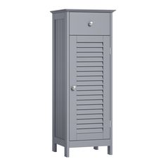 a tall gray cabinet with shutters on the front and bottom doors, against a white background