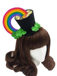 St. Patricks Day Magical Rainbow and Pot of Gold with Shamrocks Top Hat Headband - Made to Order Black Novelty Hat For Carnival, Black Hats For Mardi Gras Costume Party, Black Hat For Carnival, Black Hat For Carnival Themed Events, Black Hats For Carnival Themed Events, Black Hat For Carnival And Themed Events, Whimsical Black Hats For Themed Events, Whimsical Black Hat For Themed Events, Whimsical Black Hat With Short Brim