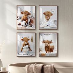 three pictures of cows are hanging on the wall