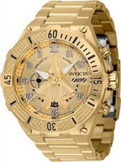 Description Gold-tone stainless steel case and bracelet. Uni-directional rotating two-tone (gold and black) stainless steel bezel. Gold-tone dial with gold-tone hands and index-Arabic numeral hour markers. Minute markers around the outer rim. Dial Type: Analog. Luminescent hands and markers. Date display at the 3 o'clock position. Chronograph - two sub-dials displaying: 60 second and 60 minute. TMI Caliber VD5F quartz movement. Scratch resistant Flame Fusion crystal. Pull / push crown. Solid case back. Round case shape, case size: 50 mm, case thickness: 16.05 mm. Band width: 26 mm, band length: 8.25 inches. Fold over safety clasp. Water resistant at 100 meters / 330 feet. Functions: chronograph, date, hour, minute, second. Aviator Series. Casual watch style. Watch label: Japan Movt. Invict Invicta Watches, Style Watch, Casual Watches, 3 O Clock, Black Stainless Steel, Quartz Movement, Stainless Steel Case, Accessories Watches, Chronograph