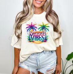 Comfort Colors® Summer Vibes Shirt, Hello Summer Shirt, Family Vacation Tee, Summer Vacay Shirt, Vacation Mode Tshirt, Funny Beach Shirt  PRODUCT SPECS: Comfort Colors Description 6.1 oz./yd² (US), 10 oz/L yd (CA), 100% ring-spun cotton, 30 singles Garment dyed for that lived in feel and almost no shrinkage at home. Soft ring-spun cotton fabric with 100% cotton threads Relaxed fit Topstitched, classic width, rib collar Shoulder to shoulder twill tape Signature twill label Unisex Softstyle  Crewn Multicolor Graphic Print Tops For Beach Season, Multicolor Printed T-shirt For Vacation, Multicolor Sublimation Print Tops For Beach Season, Multicolor Crew Neck Tops For Beach Season, Trendy Multicolor Vacation T-shirt, Casual Multicolor T-shirt For Beach Season, Multicolor Crew Neck Summer T-shirt, Relaxed Fit Multicolor Summer T-shirt, Multicolor Graphic Tee For Vacation