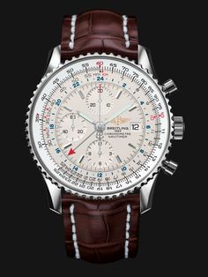 The glorious Navitimer World.  Business in two time zones? No problem!   With a 46mm Steel Case, Silver Dial, Croco Brown Strap and Folding Clasp | RRP £5,030.00 | This is a must have for any true high end timepiece collection. (In our opinion!) Steel Bracelet also available (Sold Separately) Breitling 1884, Breitling Superocean Heritage, Classy Watch, Breitling Watches, Dream Watches, Wrist Game, Breitling Navitimer, Fine Watches