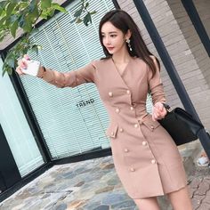 Double Breasted Solid Dress for Women - Wnkrs Vetements Clothing, Estilo Preppy, Full Dress, Professional Attire, Khaki Dress, Womens Fashion For Work, Blazer Fashion, Solid Dress, Fesyen Wanita