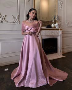 Luxury Pink Evening Dress With Sweep Train, Luxury Pre-draped Evening Dress For Wedding, Luxury Elegant Pink Off Shoulder Dress, Luxury Elegant Pink Gown, Luxury Pink V-neck Evening Dress, Luxury Pink Evening Dress For Romantic Evening, Luxury Pink Dresses With Long Train, Luxury Pink Off-shoulder Evening Dress, Luxury Feminine Pink Evening Dress