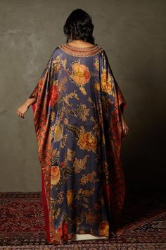 Buy Blue 100% Silk Embellished Floral V-neck Romantic Flower Kaftan For Women by RI.Ritu Kumar Online at Aza Fashions. Silk Kaftan With Floral Embroidery In Maxi Length, Multicolor Kaftan With Floral Embroidery And Kimono Sleeves, Silk Maxi Kaftan With Floral Embroidery, Silk Floral Embroidered Maxi Kaftan, Silk Floral Print Floor-length Kaftan, Floor-length Silk Kaftan With Floral Print, Bohemian Floral Print Kaftan For Festivals, Festive Bohemian Kaftan With Floral Print, Floor-length Floral Silk Kaftan